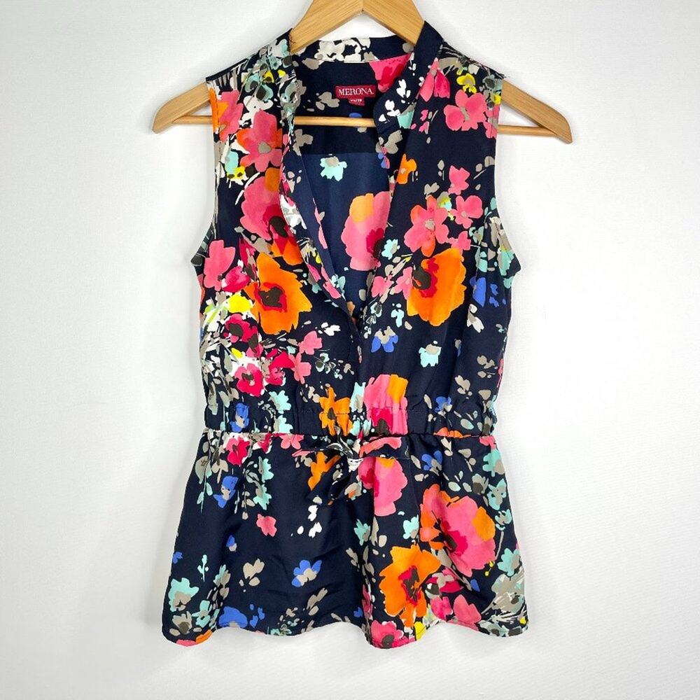 Merona Floral Sleeveless Tie Waist Blouse XS